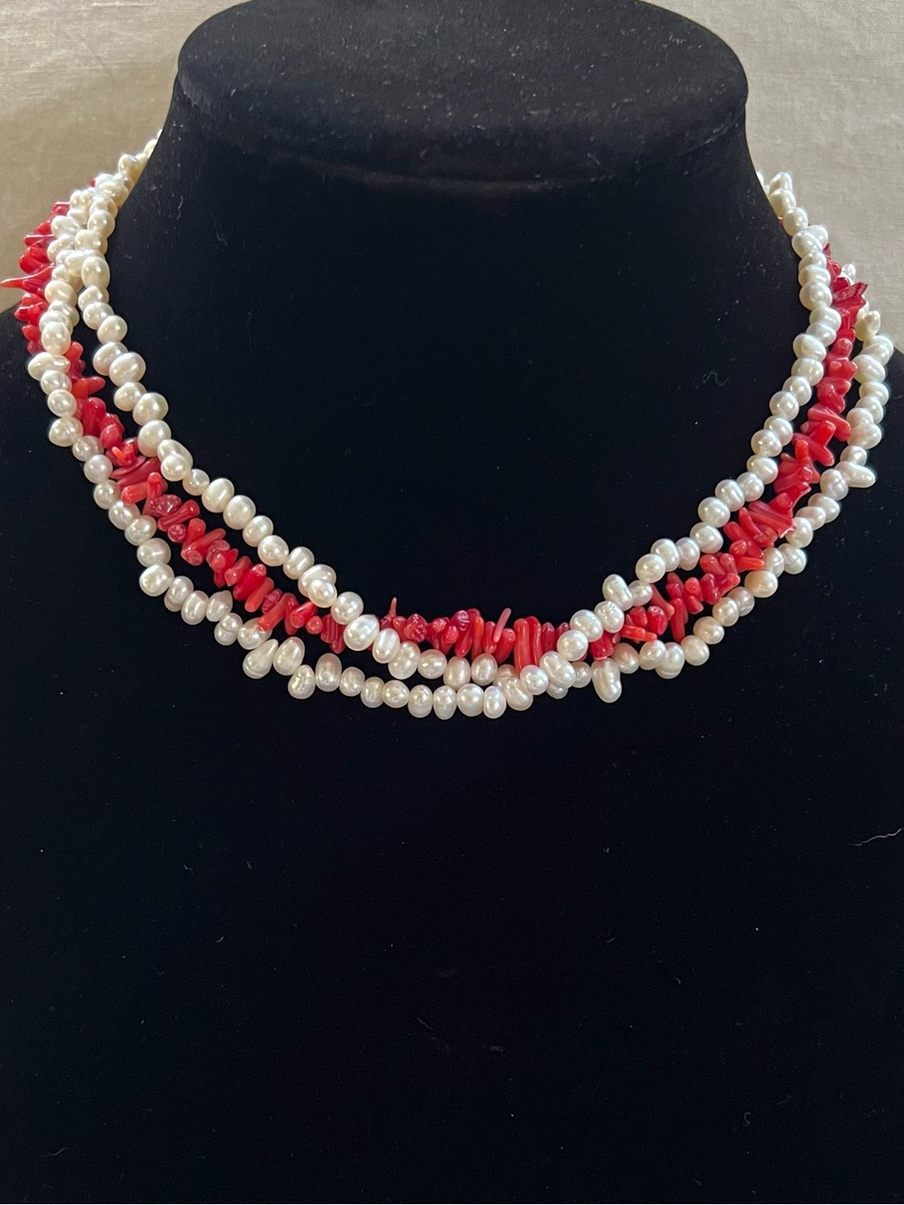 Red Coral & Fresh Water Pearl Multi-Strand Choker Chunky Beaded Necklace Vintage